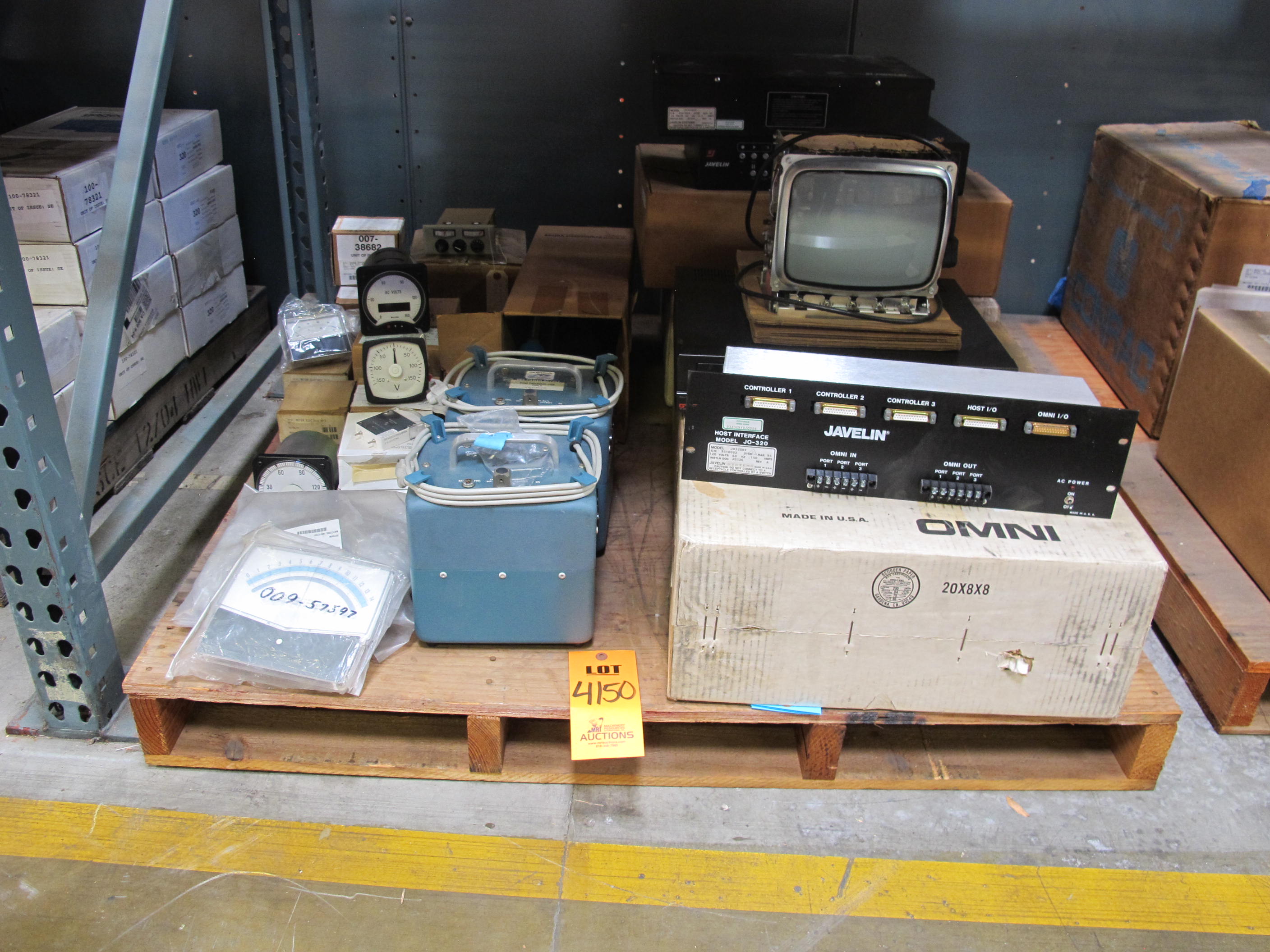 LOT TO INCLUDE: MISC METERS, SWITCHES, AND GAUGES, CONRAC MONITORS, JAVELIN CONTROLLER PORTS. LOADING & HANDLING FEE $15-4150
